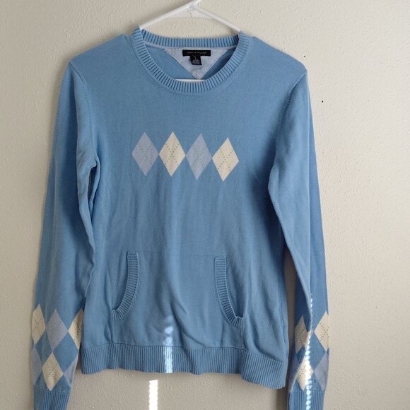Tommy Hilfiger Womens V Neck Blue Argyle Sweater Medium Pockets - Picture 1 of 7